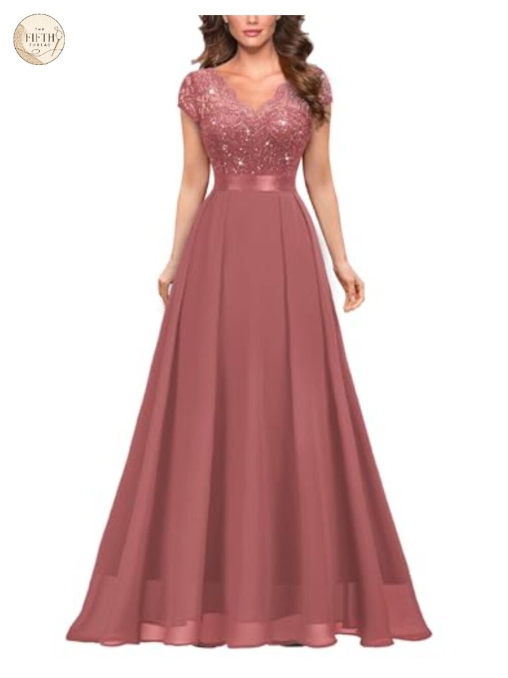 V-Neck Sequined Floral Lace Formal Evening Maxi Dress Cap Sleeve A-Line